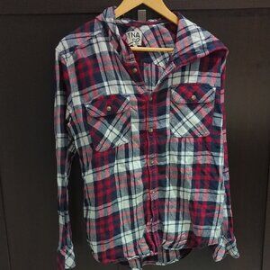 Women's TNA Classic Hooded Red Plaid Boyfriend Shirt - Size M Great Condition